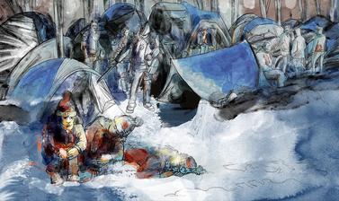 Painting portraying the Lande encampment covered by snow with two men sitting close to their tent