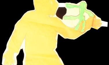 Yellow silhouette of a boy with a green toy on a black background