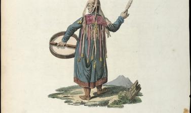 Coloured engraving of Evenki shaman, Russia.